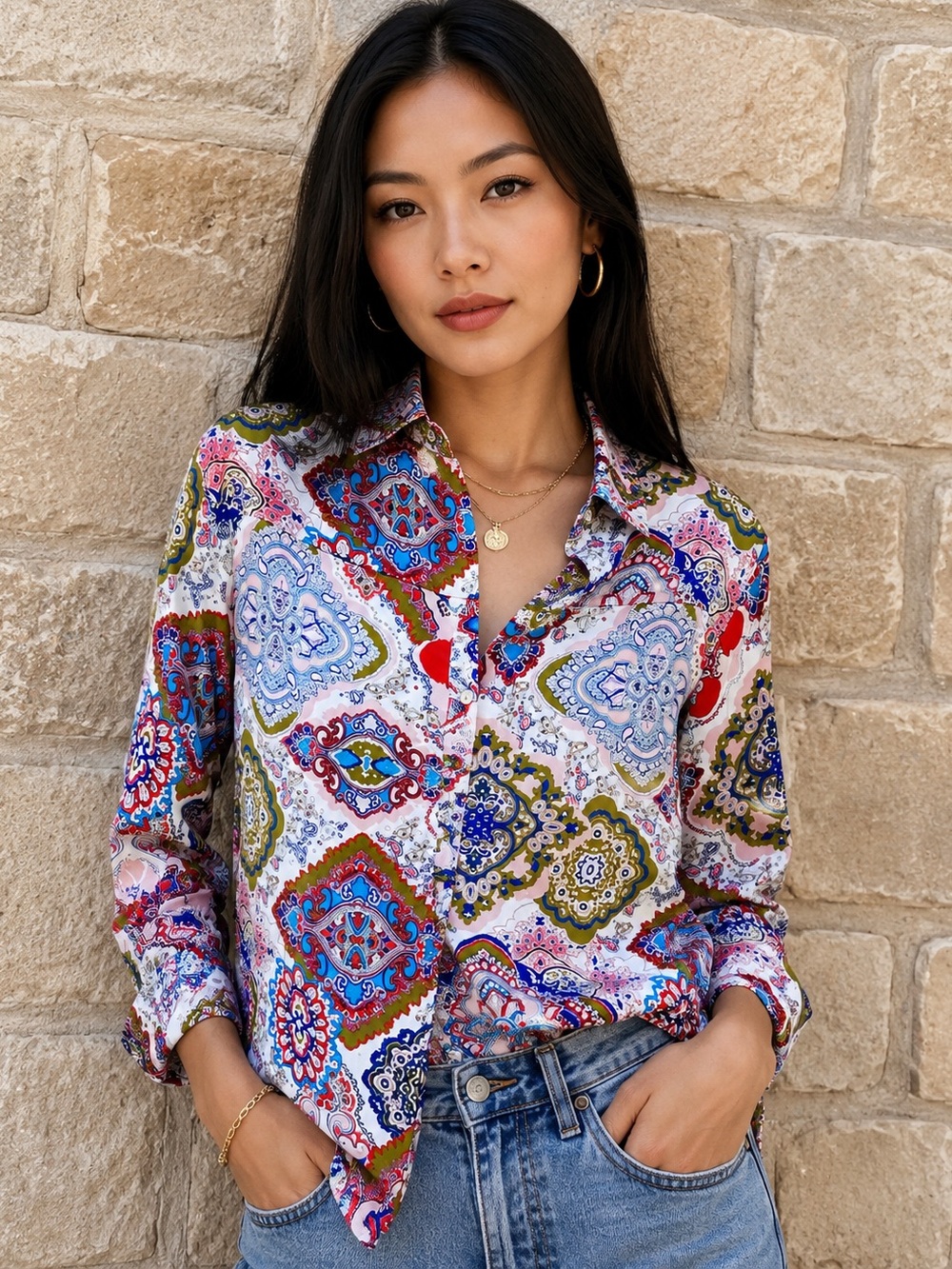 Zara Women's Paisley Button-Up Satin Blouse